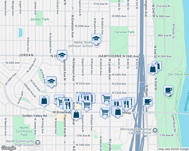 map of restaurants, bars, coffee shops, grocery stores, and more near 2310 North Bryant Avenue in Minneapolis