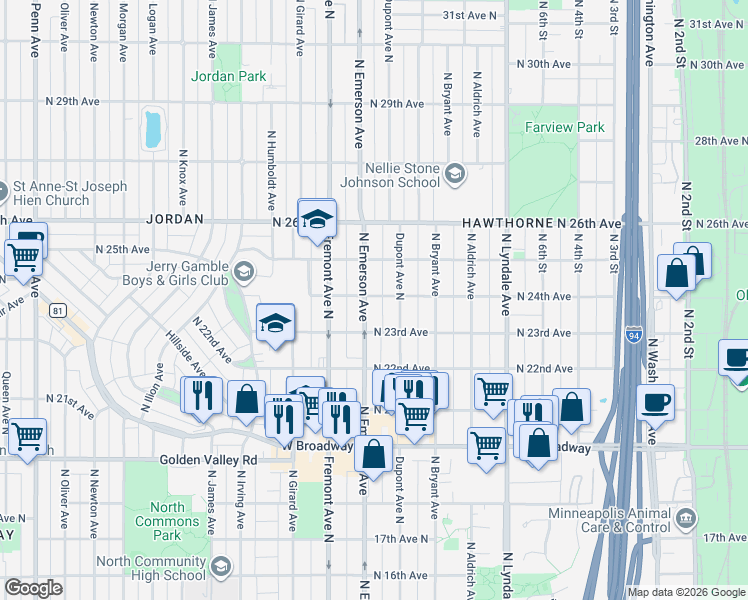 map of restaurants, bars, coffee shops, grocery stores, and more near 2308 Emerson Avenue North in Minneapolis