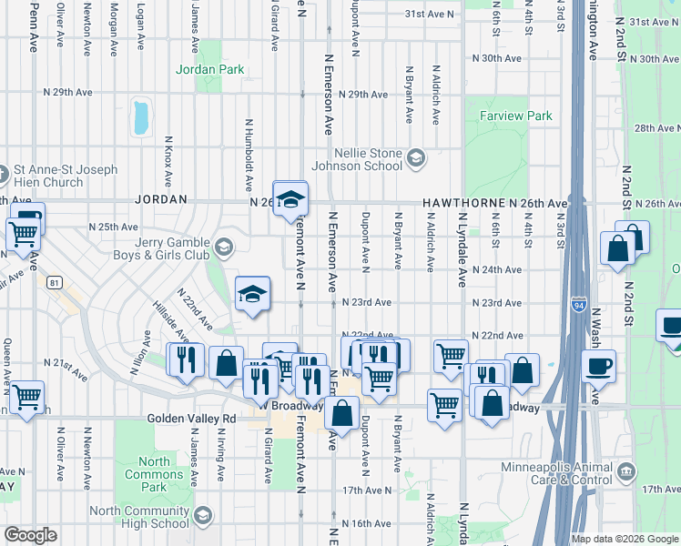map of restaurants, bars, coffee shops, grocery stores, and more near 2308 Emerson Avenue North in Minneapolis