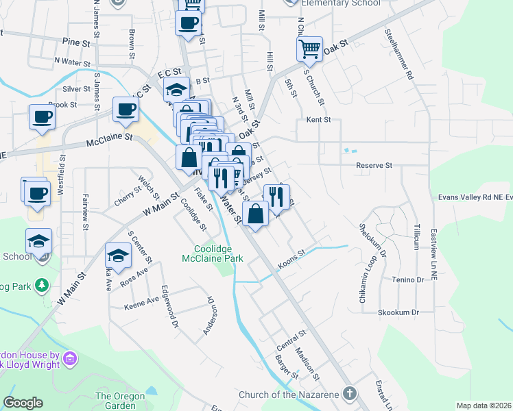 map of restaurants, bars, coffee shops, grocery stores, and more near 411 South 1st Street in Silverton