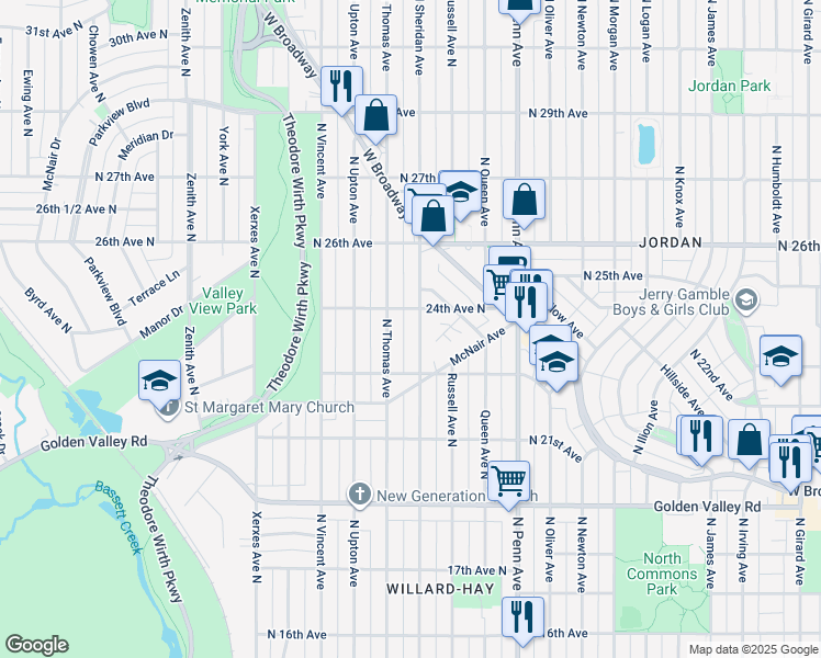 map of restaurants, bars, coffee shops, grocery stores, and more near 2314 North Sheridan Avenue in Minneapolis