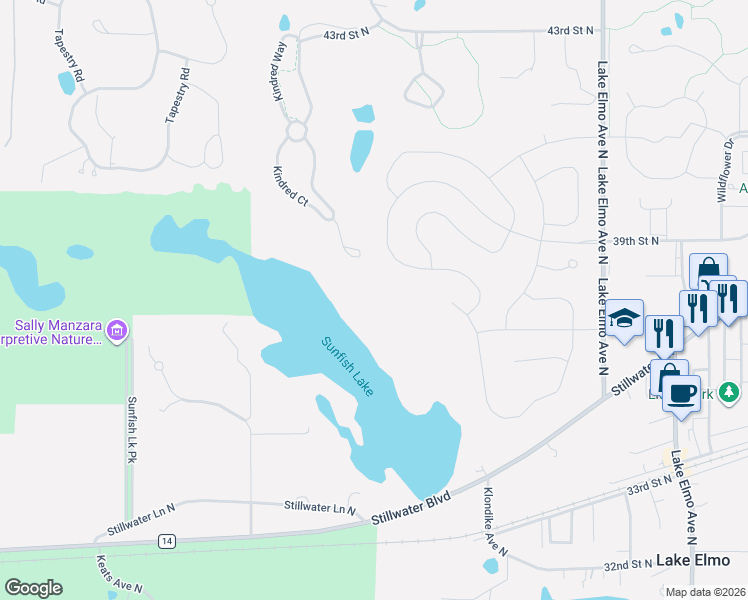 map of restaurants, bars, coffee shops, grocery stores, and more near 3704 Kindred Court in Lake Elmo