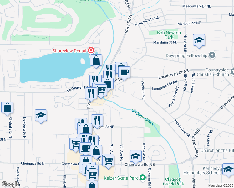 map of restaurants, bars, coffee shops, grocery stores, and more near 650 Lockhaven Drive Northeast in Keizer