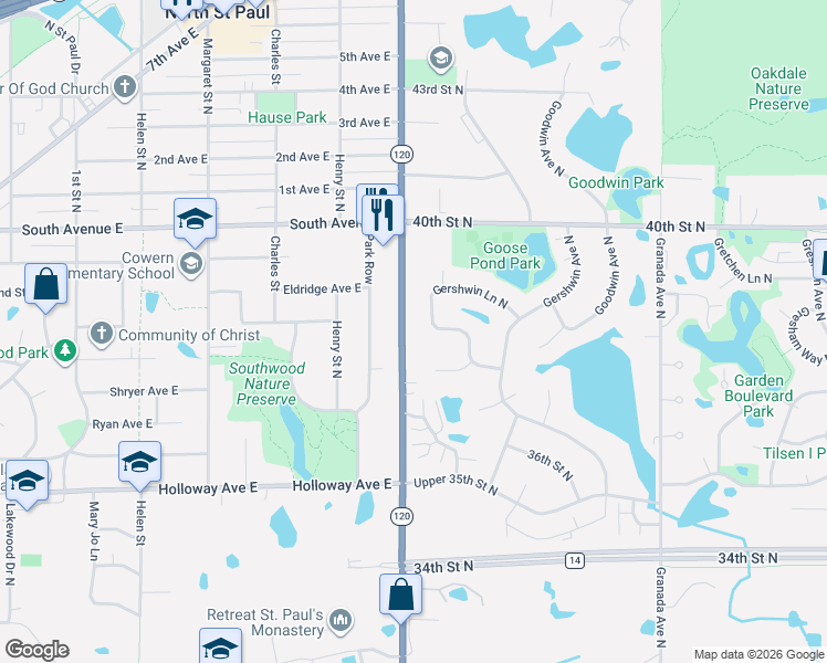 map of restaurants, bars, coffee shops, grocery stores, and more near 2046 Park Row in North Saint Paul