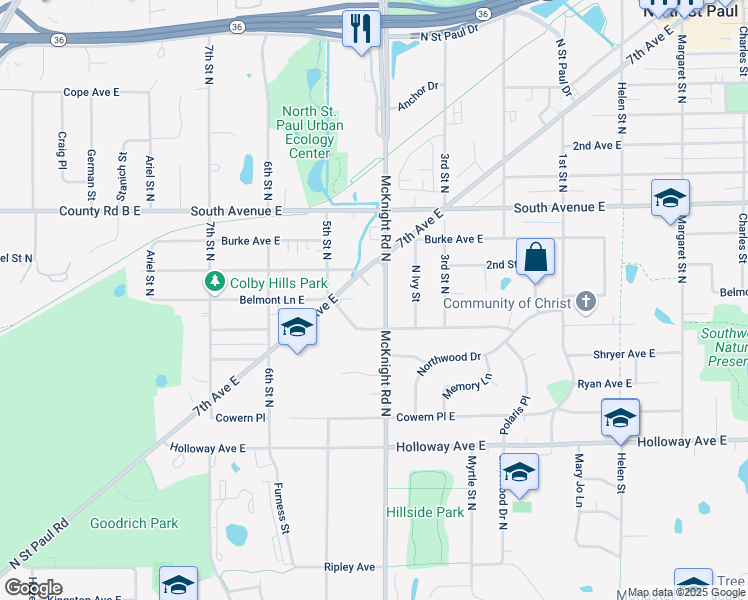 map of restaurants, bars, coffee shops, grocery stores, and more near 2253 Skillman Avenue East in North Saint Paul
