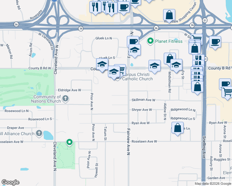 map of restaurants, bars, coffee shops, grocery stores, and more near 1853 Skillman Avenue West in Roseville