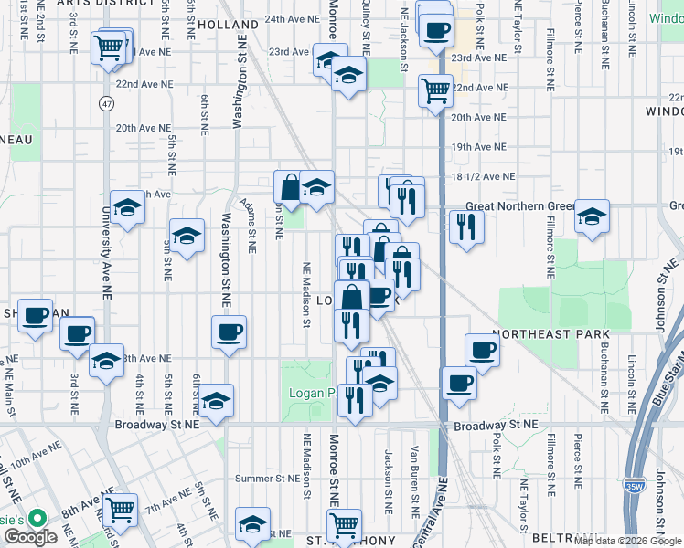 map of restaurants, bars, coffee shops, grocery stores, and more near 1431 Monroe Street Northeast in Minneapolis