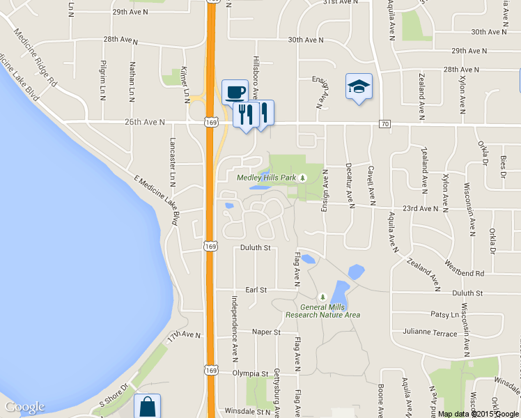 map of restaurants, bars, coffee shops, grocery stores, and more near 2115 Kings Valley Road in Minneapolis