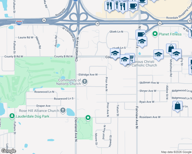map of restaurants, bars, coffee shops, grocery stores, and more near 2003 Skillman Avenue West in Roseville
