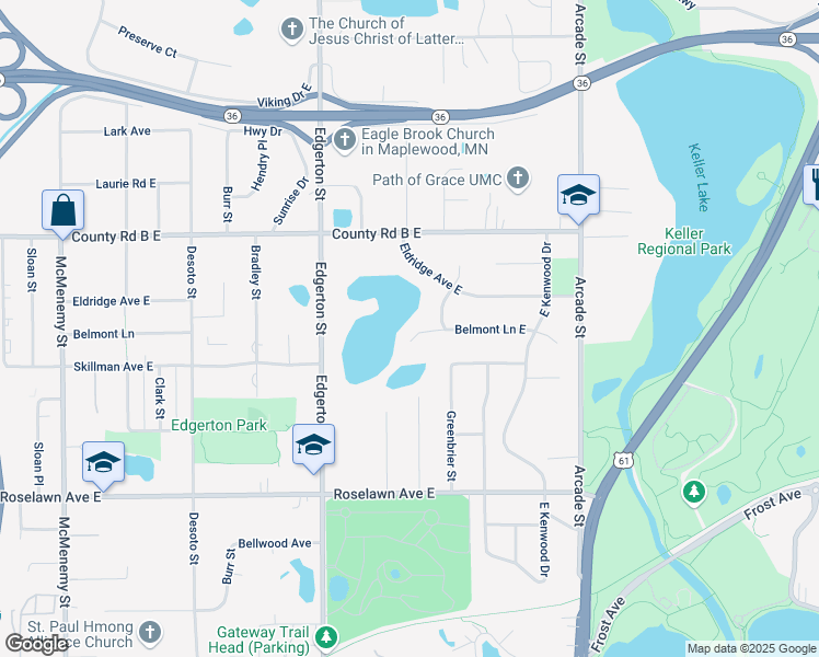 map of restaurants, bars, coffee shops, grocery stores, and more near 650 Belmont Lane East in Maplewood