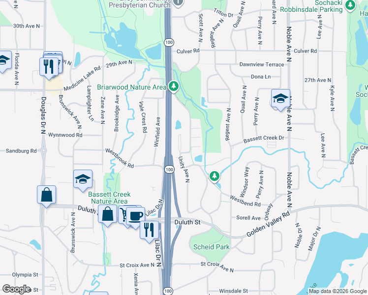 map of restaurants, bars, coffee shops, grocery stores, and more near 2300 Unity Avenue North in Minneapolis