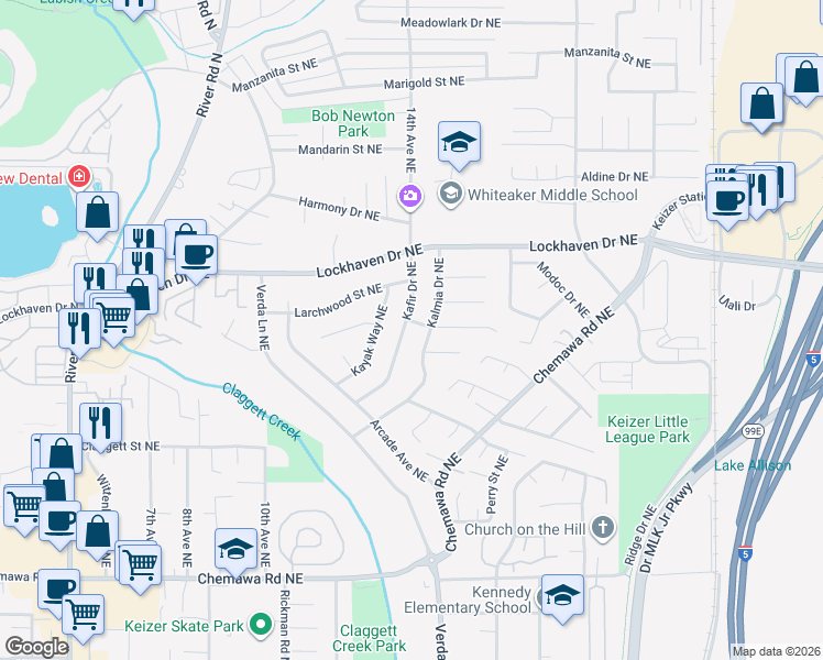 map of restaurants, bars, coffee shops, grocery stores, and more near 5541 Kafir Drive Northeast in Keizer