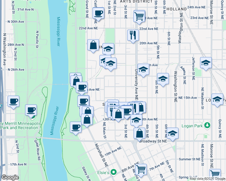 map of restaurants, bars, coffee shops, grocery stores, and more near 1522 2nd Street Northeast in Minneapolis