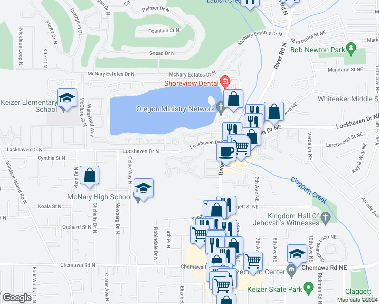 map of restaurants, bars, coffee shops, grocery stores, and more near 442 Lakefair Circle North in Keizer