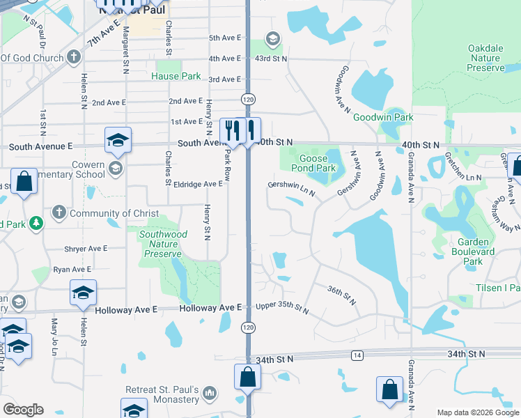 map of restaurants, bars, coffee shops, grocery stores, and more near 3687 Gershwin Lane North in Saint Paul