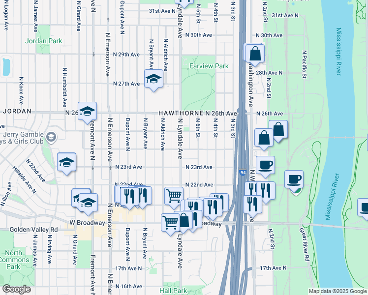 map of restaurants, bars, coffee shops, grocery stores, and more near 2422 North Lyndale Avenue in Minneapolis