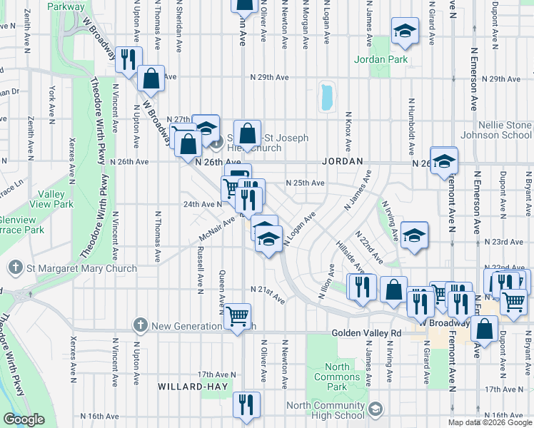 map of restaurants, bars, coffee shops, grocery stores, and more near 2107 North Willow Avenue in Minneapolis