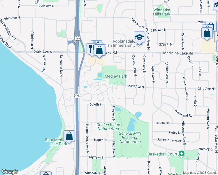 map of restaurants, bars, coffee shops, grocery stores, and more near 2216 Kings Valley Road East in Minneapolis