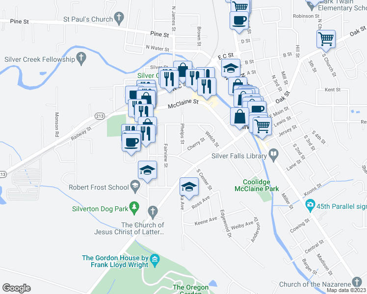 map of restaurants, bars, coffee shops, grocery stores, and more near 234 Cherry Street in Silverton