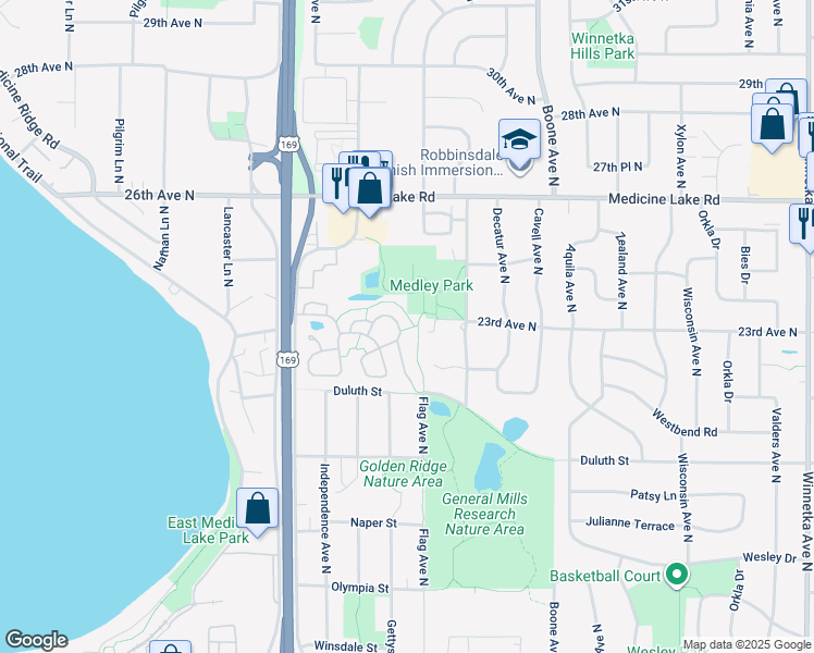 map of restaurants, bars, coffee shops, grocery stores, and more near 2216 Kings Valley Road East in Minneapolis