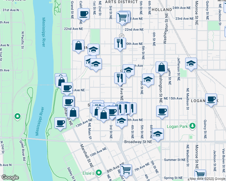 map of restaurants, bars, coffee shops, grocery stores, and more near 1523 3rd Street Northeast in Minneapolis