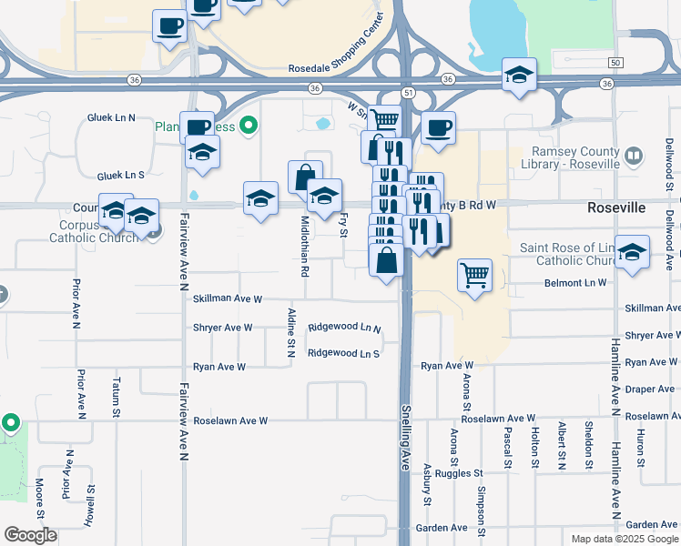 map of restaurants, bars, coffee shops, grocery stores, and more near 1644 Eldridge Avenue West in Roseville