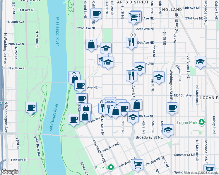 map of restaurants, bars, coffee shops, grocery stores, and more near 141 16th Avenue Northeast in Minneapolis