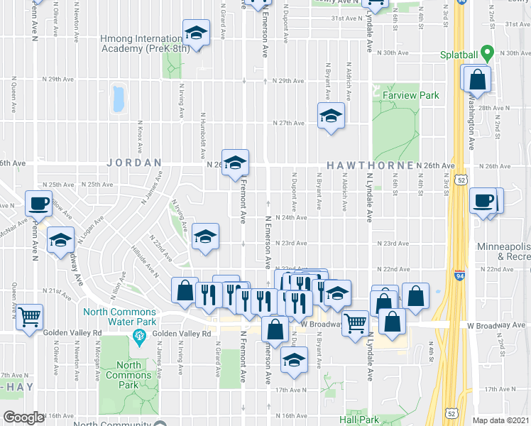 map of restaurants, bars, coffee shops, grocery stores, and more near 2422 Emerson Avenue North in Minneapolis