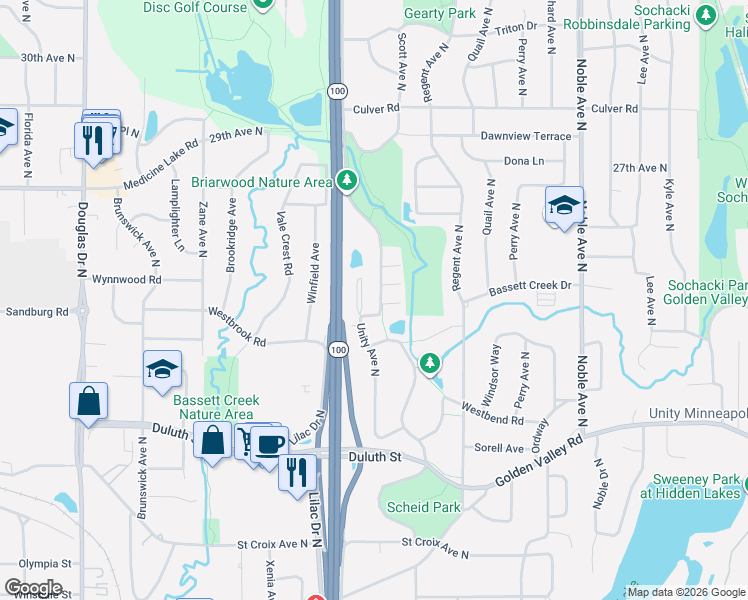 map of restaurants, bars, coffee shops, grocery stores, and more near 2431 Unity Avenue North in Minneapolis