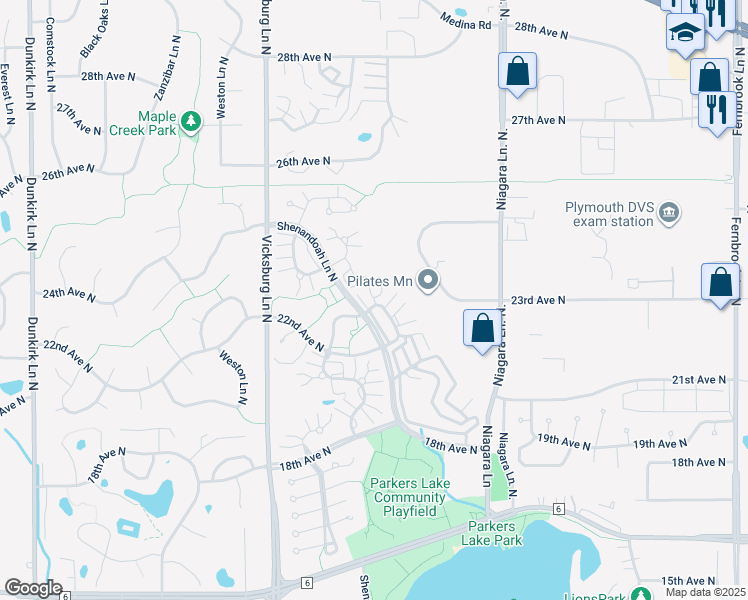 map of restaurants, bars, coffee shops, grocery stores, and more near 2270 Ranchview Lane North in Plymouth