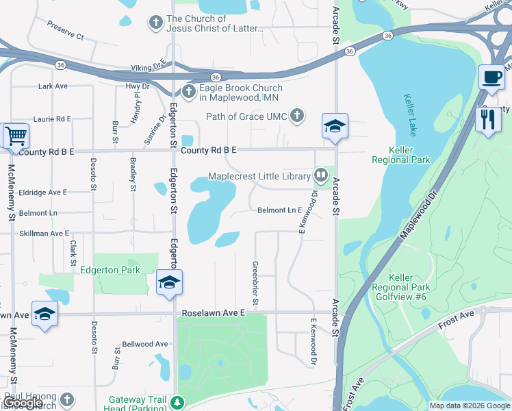 map of restaurants, bars, coffee shops, grocery stores, and more near 716 Eldridge Avenue East in Maplewood