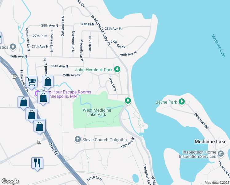 map of restaurants, bars, coffee shops, grocery stores, and more near 2333 Hemlock Lane North in Plymouth