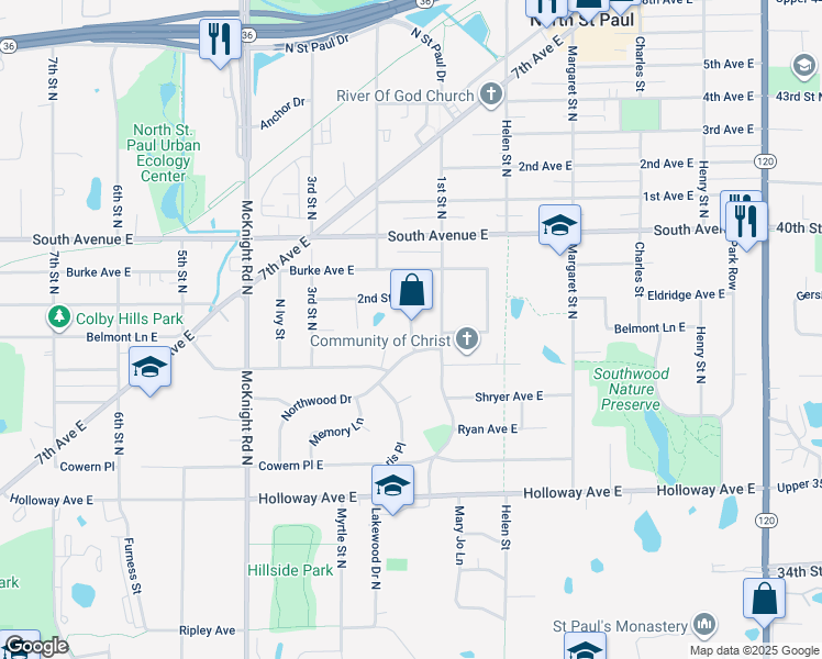 map of restaurants, bars, coffee shops, grocery stores, and more near 2489 2nd Street North in North Saint Paul