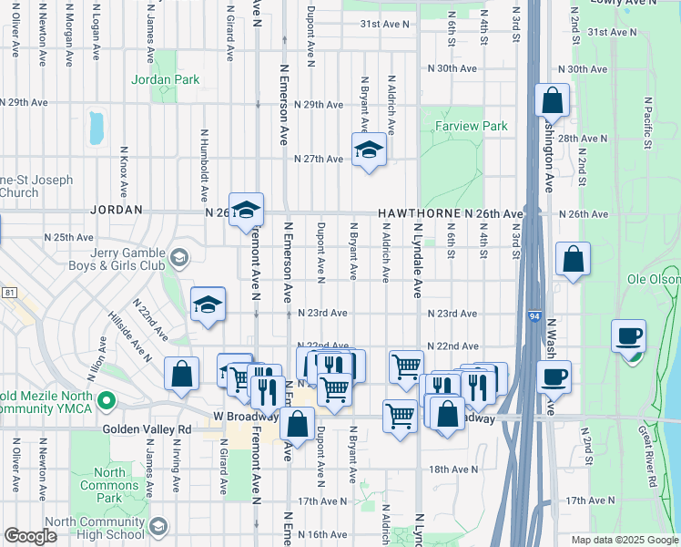 map of restaurants, bars, coffee shops, grocery stores, and more near 2422 North Bryant Avenue in Minneapolis