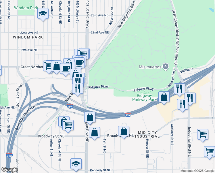 map of restaurants, bars, coffee shops, grocery stores, and more near 2600 Ridgway Parkway in Minneapolis