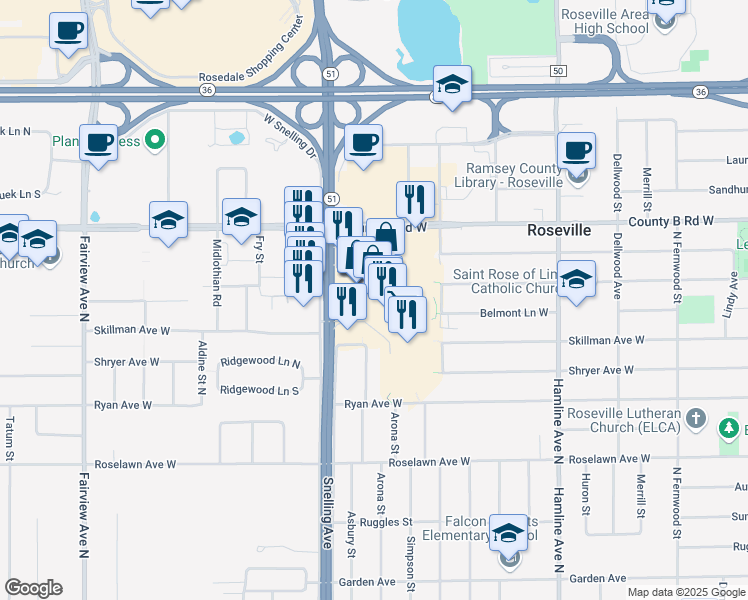 map of restaurants, bars, coffee shops, grocery stores, and more near 2100 Snelling Avenue North in Roseville