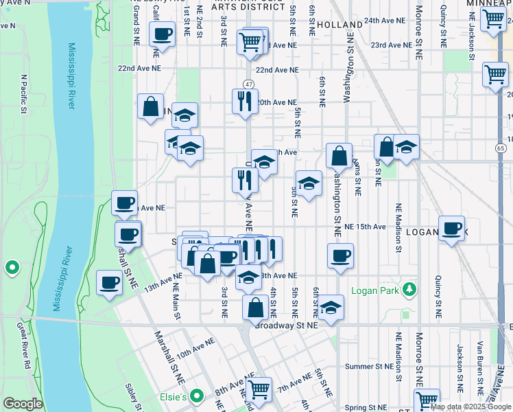 map of restaurants, bars, coffee shops, grocery stores, and more near 336 16th Avenue Northeast in Minneapolis