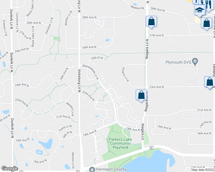 map of restaurants, bars, coffee shops, grocery stores, and more near 2280 Ranchview Lane North in Plymouth