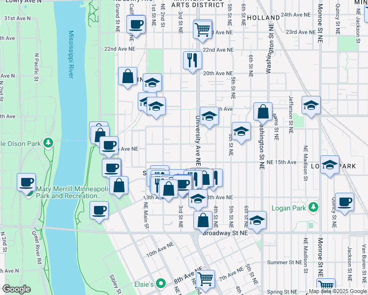 map of restaurants, bars, coffee shops, grocery stores, and more near 1523 3rd Street Northeast in Minneapolis