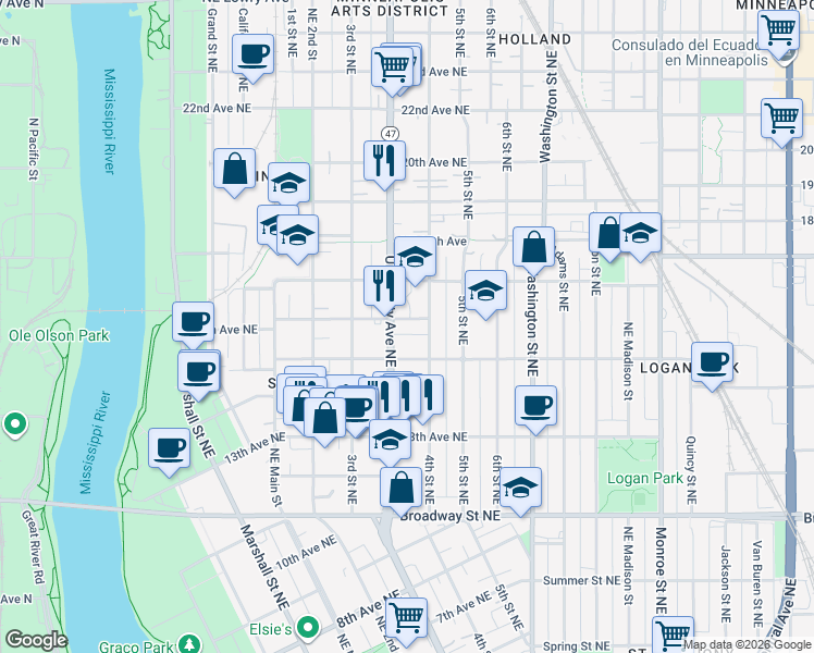 map of restaurants, bars, coffee shops, grocery stores, and more near 339 16th Avenue Northeast in Minneapolis