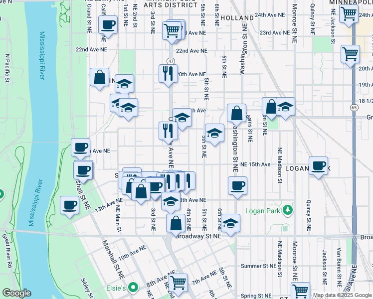 map of restaurants, bars, coffee shops, grocery stores, and more near 339 16th Avenue Northeast in Minneapolis
