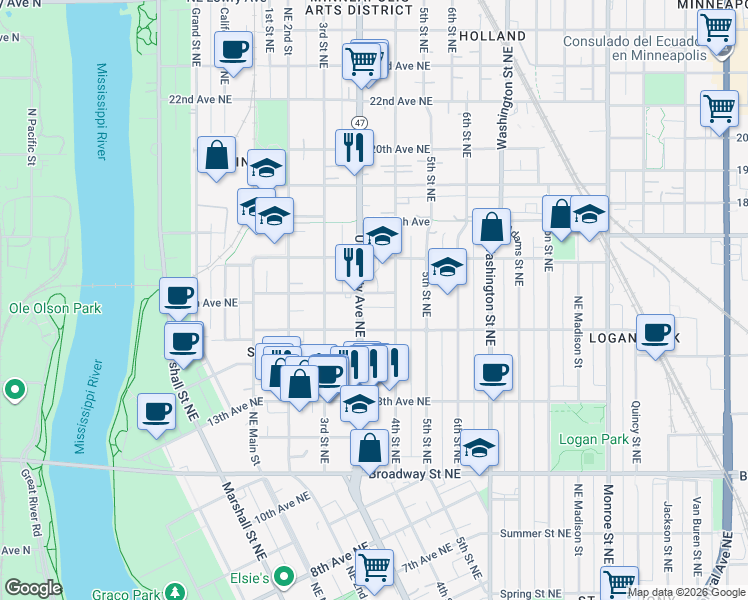 map of restaurants, bars, coffee shops, grocery stores, and more near 339 16th Avenue Northeast in Minneapolis