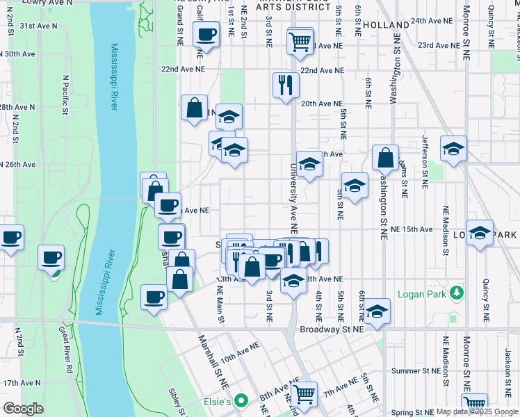 map of restaurants, bars, coffee shops, grocery stores, and more near 219 16th Avenue Northeast in Minneapolis