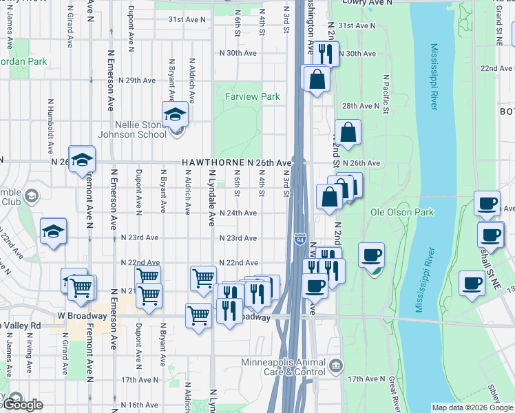 map of restaurants, bars, coffee shops, grocery stores, and more near 2423 North 4th Street in Minneapolis