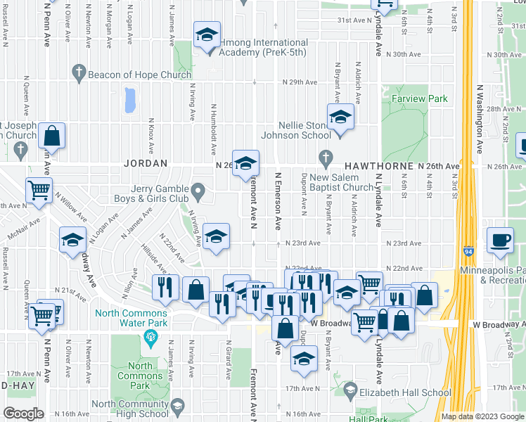 map of restaurants, bars, coffee shops, grocery stores, and more near 2418 North Fremont Avenue in Minneapolis