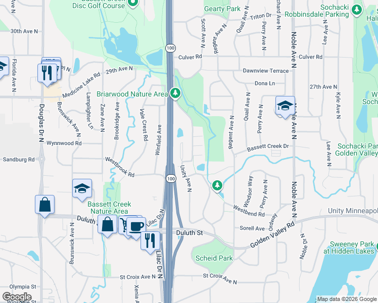 map of restaurants, bars, coffee shops, grocery stores, and more near 2431 Unity Avenue North in Minneapolis