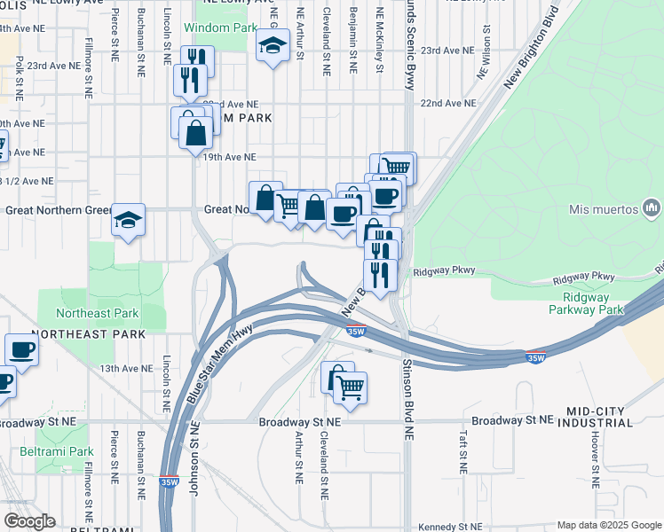 map of restaurants, bars, coffee shops, grocery stores, and more near 1630 New Brighton Blvd in Minneapolis