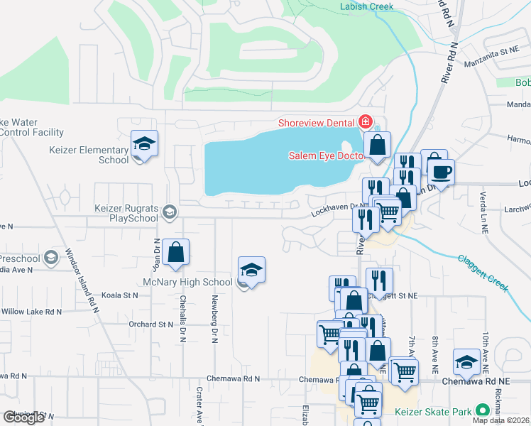 map of restaurants, bars, coffee shops, grocery stores, and more near 573 Lakefair Place North in Keizer