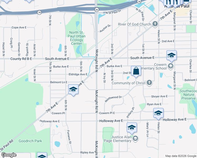 map of restaurants, bars, coffee shops, grocery stores, and more near 2096 McKnight Road North in North Saint Paul
