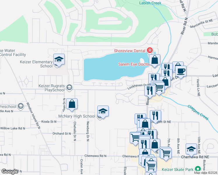 map of restaurants, bars, coffee shops, grocery stores, and more near 573 Lakefair Place North in Keizer
